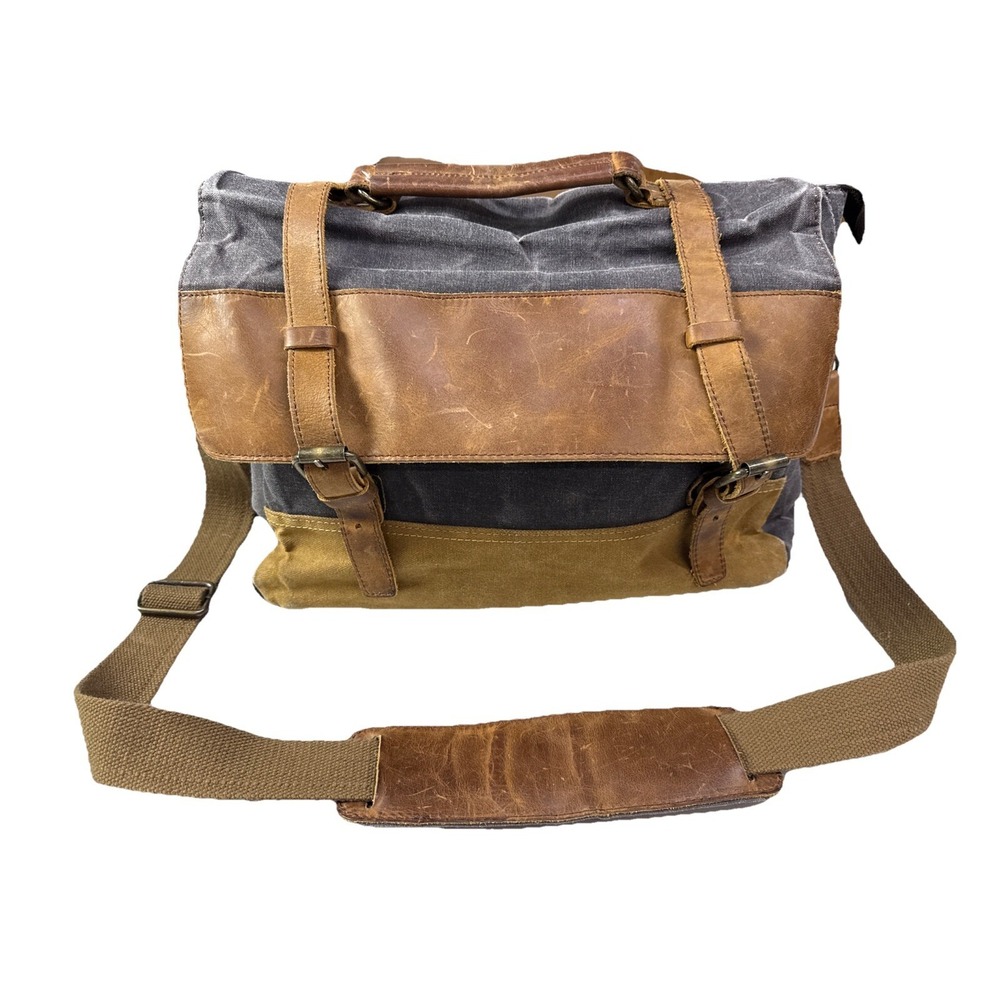 NEWHEY Men's Leather Canvas Laptop Messenger Bag - Brown Blue 3j
